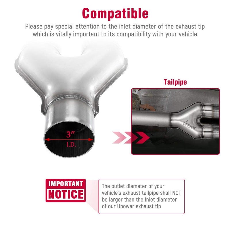 Upower Exhaust Y pipe 3" Inlet 2.5" Outlet Weld-on Dual Exhaust Pipe 10" Long Stainless Steel Tip - Image 2